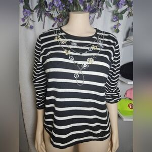 Alfred Dunner Black and White Boxy 3/4 Sleeve Tee